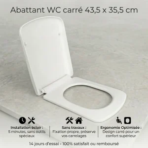 Abattant WC carré universel soft-close silencieux blanc – 43,5 x 35,5 cm