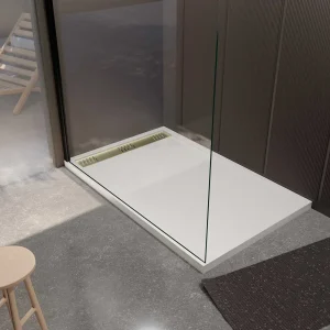 Receveur de douche en résine blanc 90x140x3 cm effet pierre granit + grille linéaire or brossé