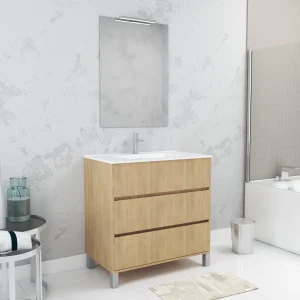 Pack Meuble Salle de Bains 80cm Chêne Clair 3 Tiroirs, Vasque, Miroir 60×80 et réglette Led – XENOS