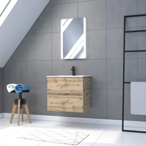 Pack Meuble SDB 60cm suspendu 2 tiroirs Chene_Vasque blanche + Miroir Led – TIMBER 60_Pack10