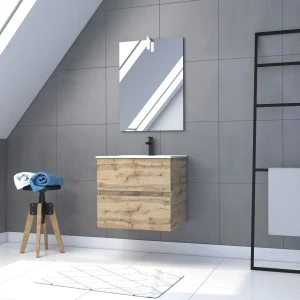 Pack Meuble SDB 60cm suspendu 2 tiroirs Chene_Vasque blanche + Miroir Led – TIMBER 60_Pack31