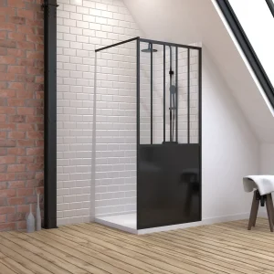 Pack Paroi de douche 90×200 CM NOIR MAT – VERRE TREMPE 5 mm + RECEVEUR A POSER EXTRA PLAT 90×90