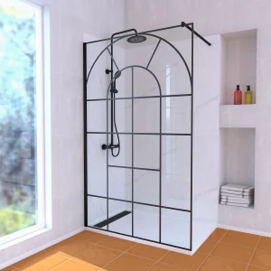 Paroi de Douche 120×195 Motif Verrière + Receveur 80×120 + Colonne de Douche Noire Thermostatique