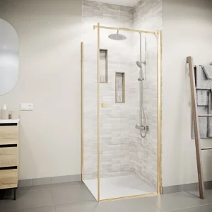 Porte de Douche Pivotante 80x195cm et Retour 90cm – Verre 8mm Anticalcaire – Profil Or Brosse